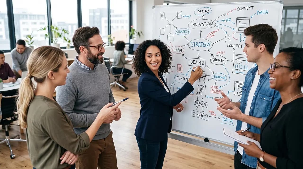 A team planning a website around a whiteboard